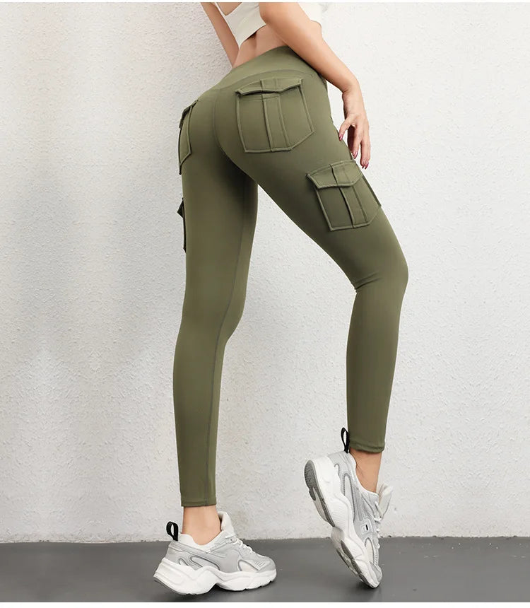Multi-pocket High Waist Solid Color Yoga Pants  Sporting Workout Leggins Pants Yoga Leggings For Women Elastic Slim leggings - Waraqah