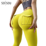 SOISOU Nylon Leggings Women's Pants Sport Yoga Pants Sexy Tight High Waist Elastic Women's Panties Pocket legging mujer - Waraqah