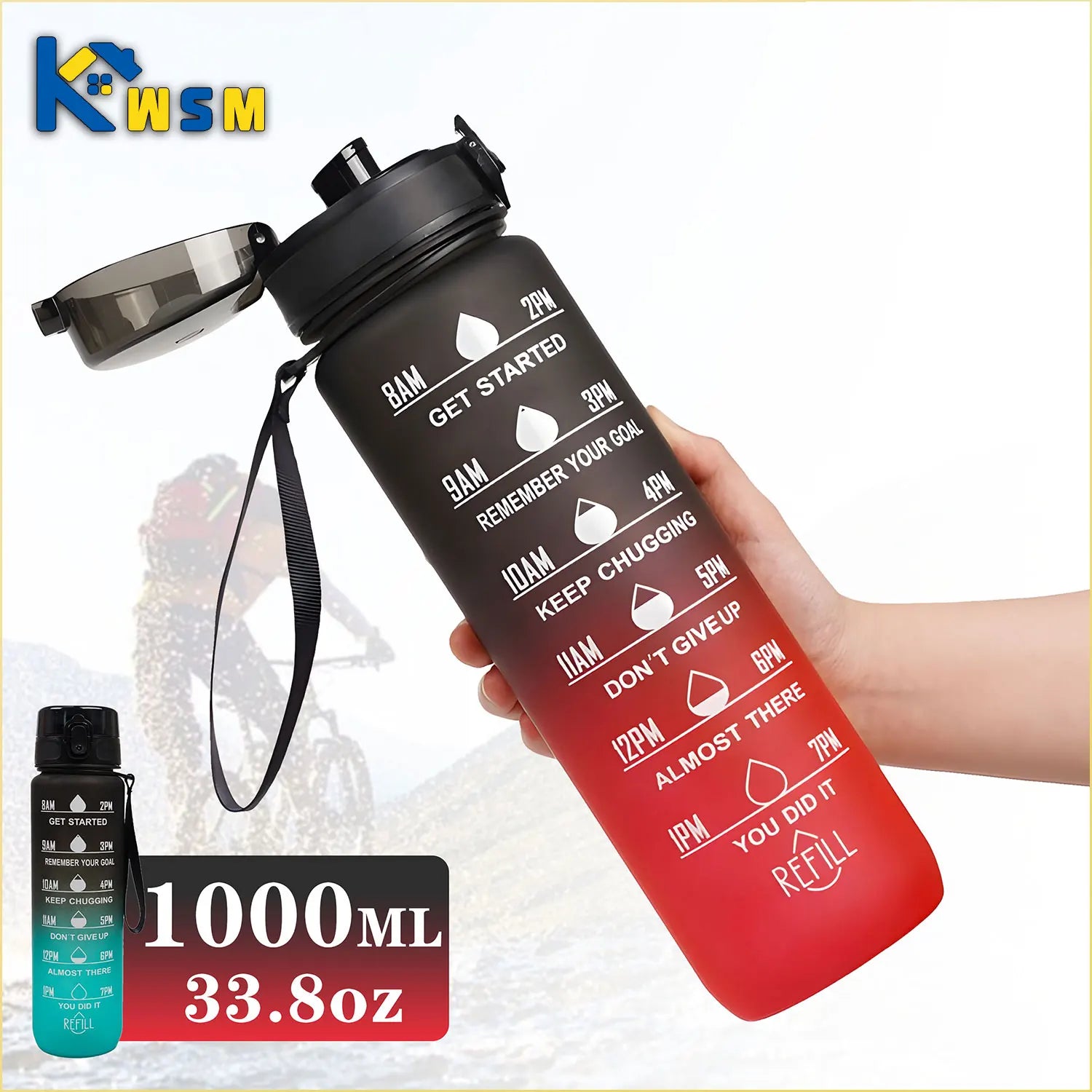 900/1000ml Sports Bottle with Time Scale Outdoor Gradient Color Sports Bottle Portable Fitness Motivational Straw Mug BPA Free - Waraqah