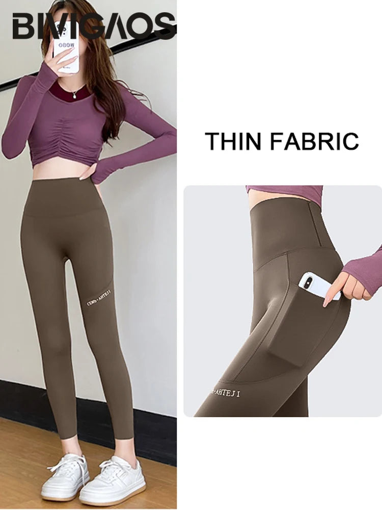 BIVIGAOS Autumn Winter Pocket Phone Shark Leggings Women High Waist Slim-Fit Sport Fitness Leggings Warm Fleece Leggings - Waraqah