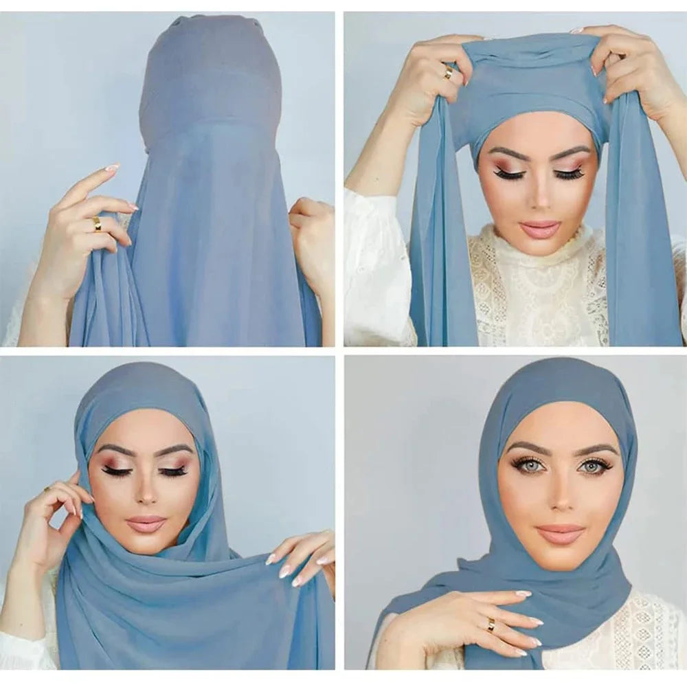 Women Muslim Chiffon Hijab With Cap Bonnet Instant Chiffon Hijabs Shawl Head Scarf Underscarf Caps Cover Headwrap - Waraqah