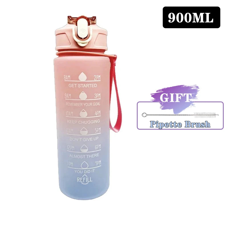 900/1000ml Sports Bottle with Time Scale Outdoor Gradient Color Sports Bottle Portable Fitness Motivational Straw Mug BPA Free - Waraqah