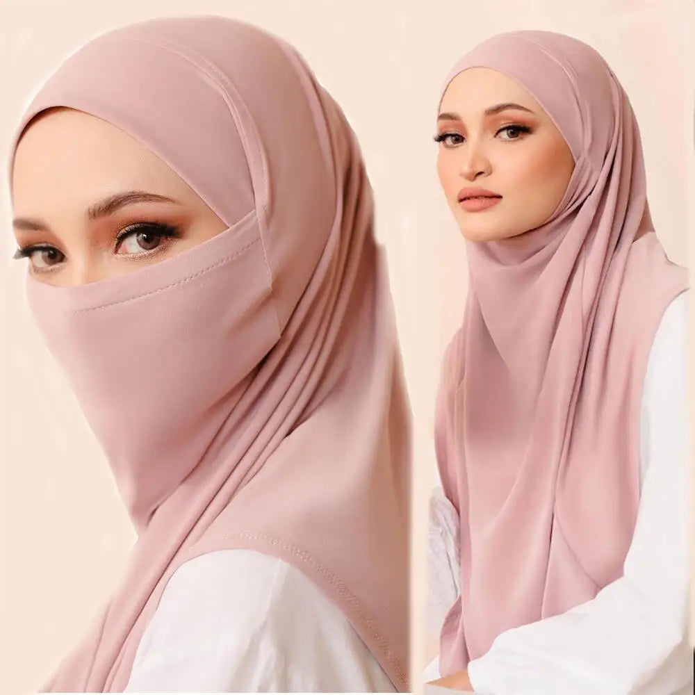 Ramadan Spring Summer Breathable Ironless Hijabs Long Instant Hijab Woman Ready To Wear With Face Masks Ready to Wear Hijabs - Waraqah
