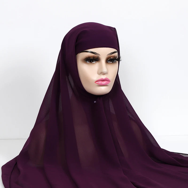 Women Muslim Chiffon Hijab With Cap Bonnet Instant Chiffon Hijabs Shawl Head Scarf Underscarf Caps Cover Headwrap - Waraqah