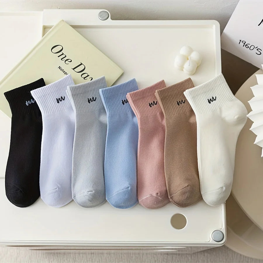 5 Pairs Letter Print Socks Comfy & Breathable Sports Short Socks Women's Stockings & Hosiery Soft & Comfy All-match Short Socks - Waraqah