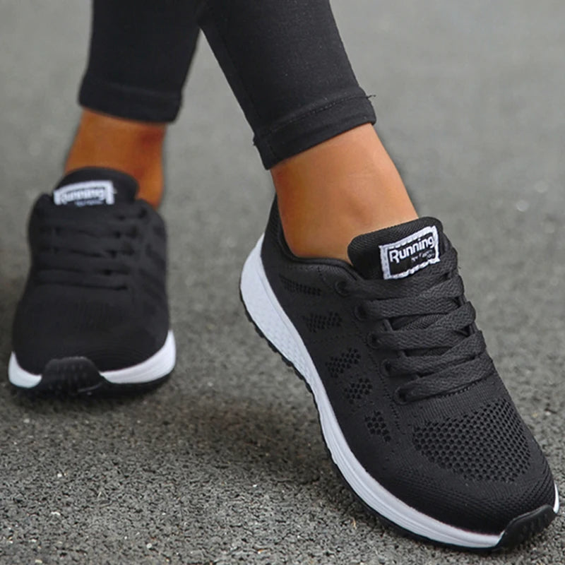 Women's Sneakers Breathable 2025 New Fashion Flat Outdoor Woman Vulcanize Shoes Mesh Fabric Lace Up Ladies Shoes Female Footwear - Waraqah