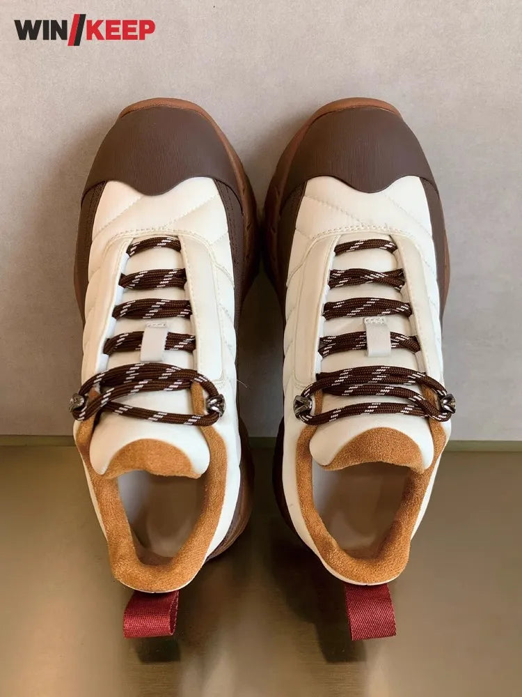 Women Thick Platform Outdoor Hiking Shoes Lace Up Low Cut Genuine Leather Camping Shoes Vintage Joggers Sport Sneakers Trainers - Waraqah