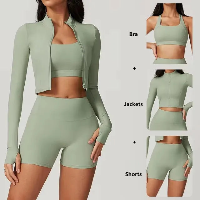 Yoga Set 3Pcs Sports Set Women Workout Suit Quick-Drying Yoga Clothes Gym Jackets Sportswear Female Running Jackets Set Women - Waraqah