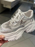 Women Summer Breathable Mesh Shiny Diamonds Butterfly Lace Outdoor Running Shoes Thick Platform Sneakers Low Cut Jogger Trainers - Waraqah