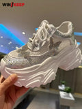 Women Summer Breathable Mesh Shiny Diamonds Butterfly Lace Outdoor Running Shoes Thick Platform Sneakers Low Cut Jogger Trainers - Waraqah