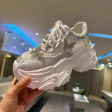 Women Summer Breathable Mesh Shiny Diamonds Butterfly Lace Outdoor Running Shoes Thick Platform Sneakers Low Cut Jogger Trainers - Waraqah