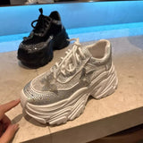 Women Summer Breathable Mesh Shiny Diamonds Butterfly Lace Outdoor Running Shoes Thick Platform Sneakers Low Cut Jogger Trainers - Waraqah