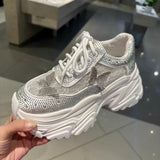 Women Summer Breathable Mesh Shiny Diamonds Butterfly Lace Outdoor Running Shoes Thick Platform Sneakers Low Cut Jogger Trainers - Waraqah