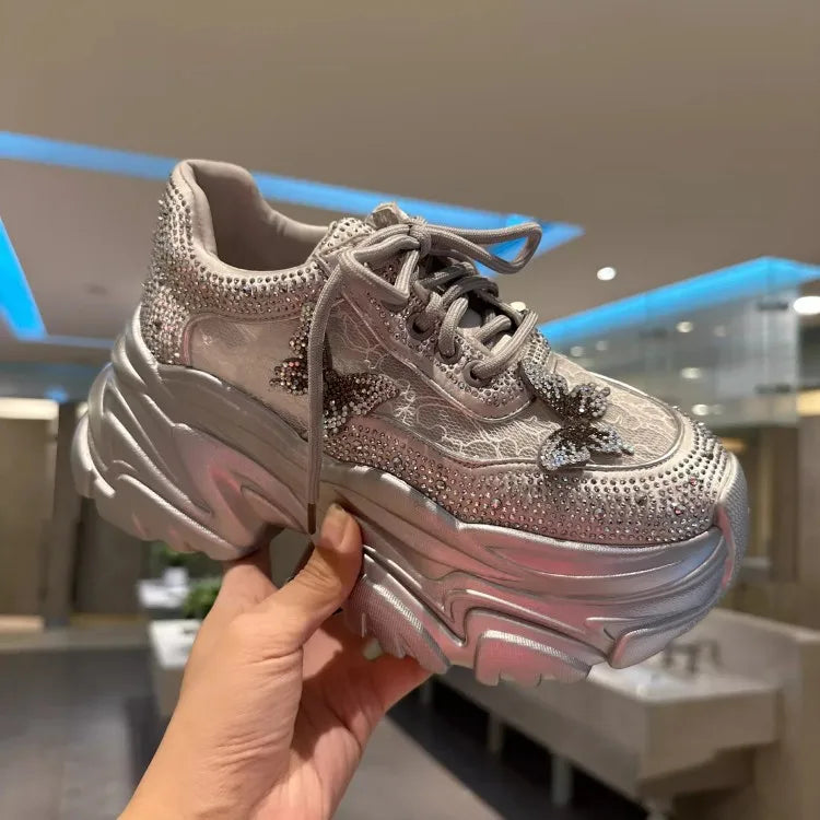 Women Summer Breathable Mesh Shiny Diamonds Butterfly Lace Outdoor Running Shoes Thick Platform Sneakers Low Cut Jogger Trainers - Waraqah
