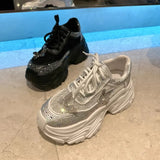 Women Summer Breathable Mesh Shiny Diamonds Butterfly Lace Outdoor Running Shoes Thick Platform Sneakers Low Cut Jogger Trainers - Waraqah