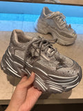 Women Summer Breathable Mesh Shiny Diamonds Butterfly Lace Outdoor Running Shoes Thick Platform Sneakers Low Cut Jogger Trainers - Waraqah