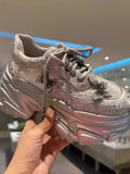 Women Summer Breathable Mesh Shiny Diamonds Butterfly Lace Outdoor Running Shoes Thick Platform Sneakers Low Cut Jogger Trainers - Waraqah