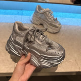 Women Summer Breathable Mesh Shiny Diamonds Butterfly Lace Outdoor Running Shoes Thick Platform Sneakers Low Cut Jogger Trainers - Waraqah