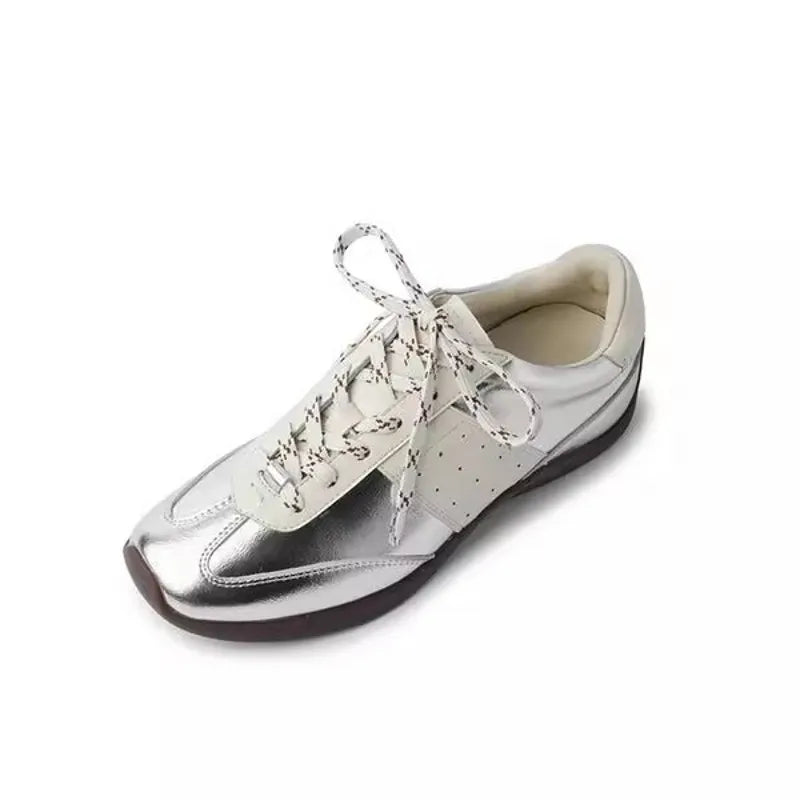 Fashion Women Spring Comfortable Sheepskin Genuine Leather Spliced Suede Leather Casual Shoes Lace Up Low Cut Joggers Sneakers - Waraqah