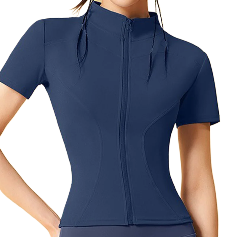 Aiithuug Yoga Tops Zipper Short Sleeve Gym Shirts Waist Slimmer Zip Up Sports Workout Top Fitness Jackets Running Slim Fit Tops - Waraqah