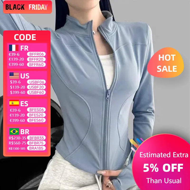 Women Zip Fitness Clothes Long Sleeve Sports Jacket with Pockets Yoga Shirt Quick Dry Gym Top Sunscreen Sportswear Running Coats - Waraqah