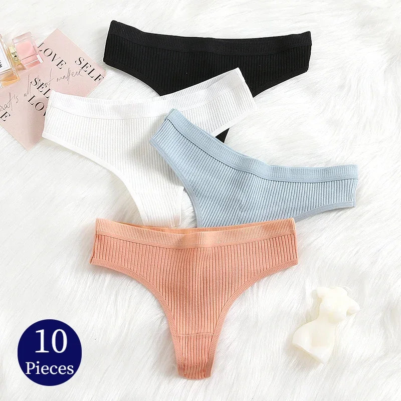 10PCS Women's Panties Set Simple Striped Thongs Female Cotton Underwear Sexy Lingerie Comfortable Sports G-Strings Underpants - Waraqah
