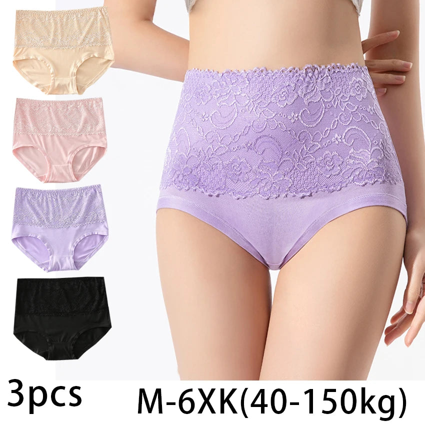 3pcs Women's Panties High Waist Underwear Large Size Fashion Girls Briefs Cow Milk Silk Breathable Lace Panty Female Lingerie - Waraqah