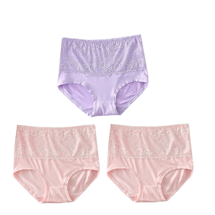 3pcs Women's Panties High Waist Underwear Large Size Fashion Girls Briefs Cow Milk Silk Breathable Lace Panty Female Lingerie - Waraqah