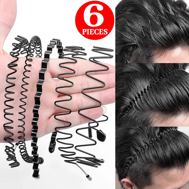 6/1pcs Fashion Metal Hair Band for Men Women Unisex Black Waved Hair Head Hoop Sports Headband Hairband Hair Accessories - Waraqah